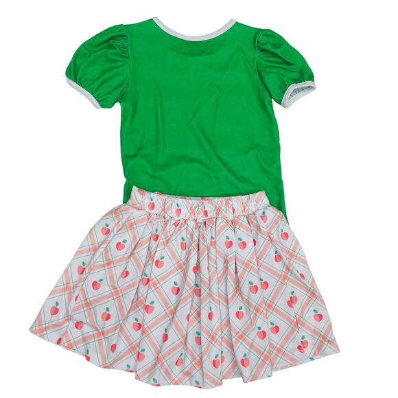 NWT Sugar Bee 18M Green Peter Pan & Plaid Peaches Skirt Set - Picture 2 of 7
